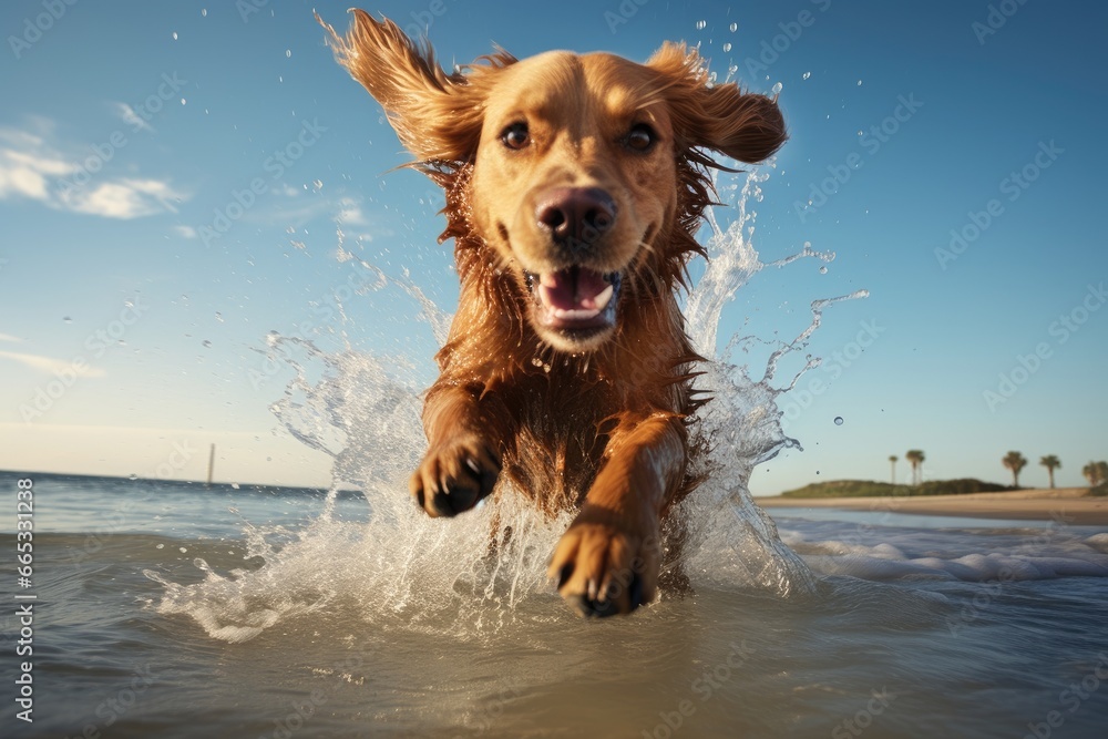 Dog jumping into the water on the beach Dog jumping into the water on the beach