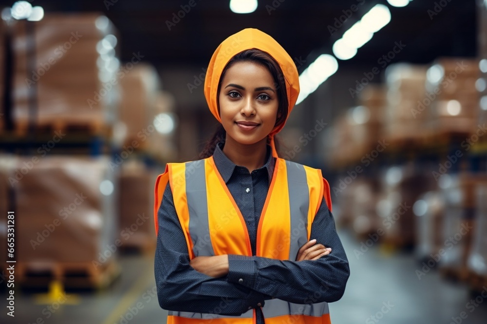 Generative AI : Portrait Indian woman worker supervisor with engineer safety suit work in large factory warehouse - obrazy, fototapety, plakaty 