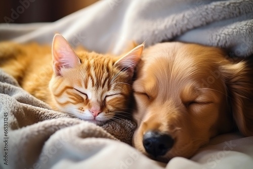 Generative AI : Cat and dog sleeping together. Kitten and puppy taking nap. Home pets. Animal care. Love and friendship. Domestic animals.