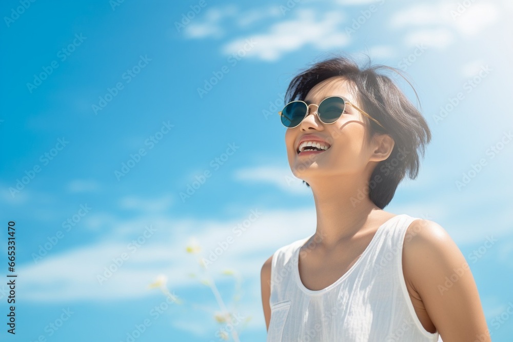 Generative AI : Smiling beautiful Asian woman short hair wearing sunglasses. Generative AI : Smiling beautiful Asian woman short hair wearing sunglasses.
