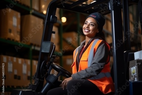 Generative AI : woman worker warehouse forklift driver staff happy smiling enjoy working photo