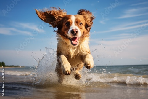 Dog jumping into the water on the beach