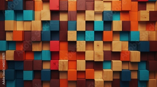 Geometric coloreful shapes on a wooden background. 