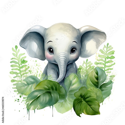 Happy cute baby elephant in green leaves in the watercolor style.