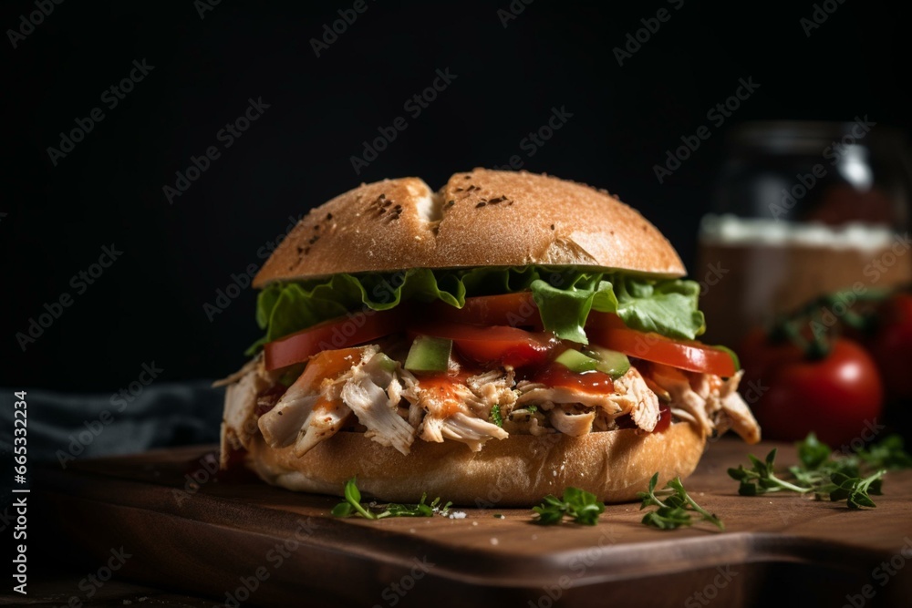 Close-up shot of a delicious spicy turkey sandwich. Generative AI - obrazy, fototapety, plakaty 