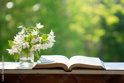 Jasmine flowers in a vase and open book on the table, green natural background. © Dibos
