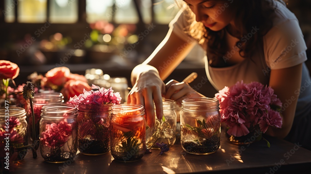 A woman decorating a table with colorful floral arrangements - obrazy, fototapety, plakaty 