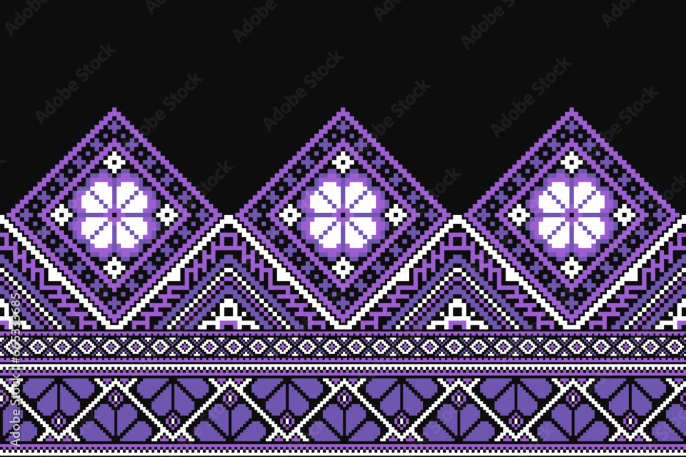 Obraz premium flower embroidery on black background. ikat and cross stitch geometric seamless pattern ethnic oriental traditional. Aztec style illustration design for carpet, wallpaper, clothing, wrapping, batik.