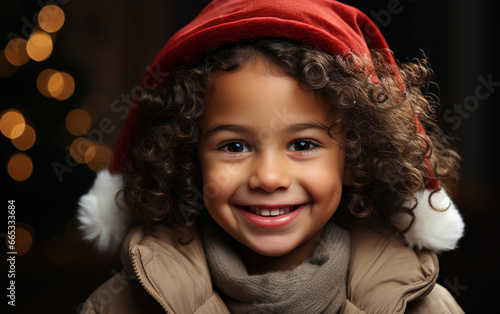 Happy black child in santa claus red hat