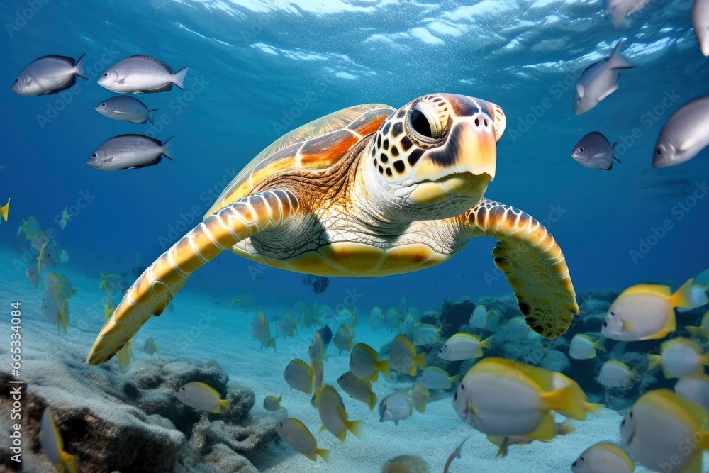Fototapeta premium Turtle closeup with school of fish.