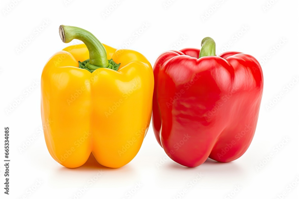 Two bell peppers, a red and a yellow isolated on white background.