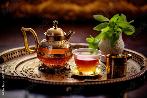 Traditional Moroccan tea set with decorative teapots, glasses, and mint leaves. photo