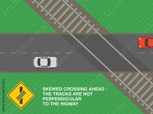 Safety driving tips and rules. Tracks are not perpendicular to the highway, skewed crossing ahead. Top view of a road with traffic flow. Flat vector illustration template.