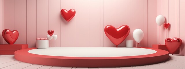 Heart 3D background podium balloon pink day display love happy valentine platform gift party.  Product stand 3D background heart stage sale birthday emoji mom icon scene concept mother anniversary.
