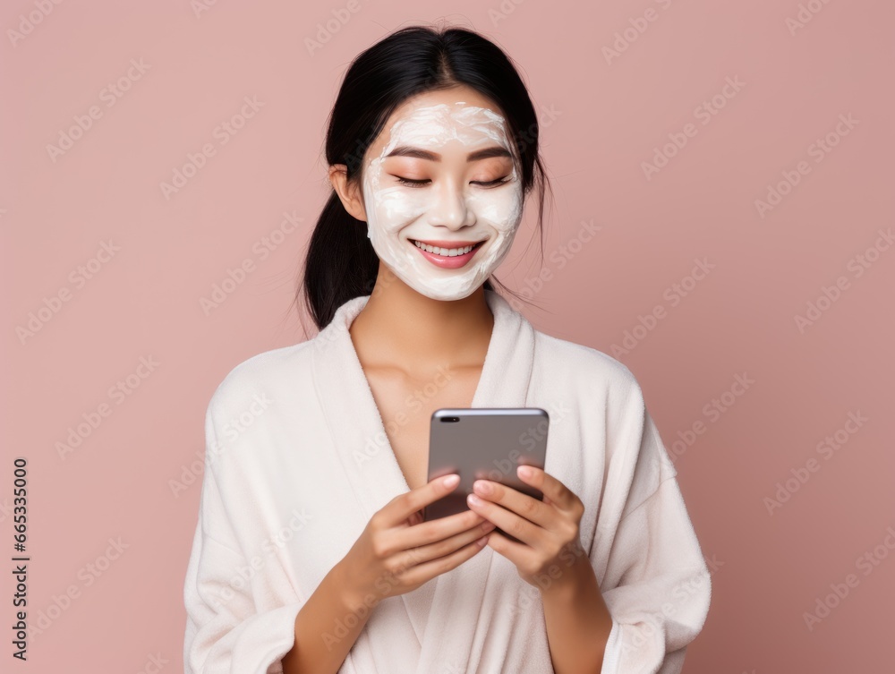 A young woman with a face mask on, half-smiling as she uses her smartphone, set against a soft pink backdrop. A young woman with a face mask on, half-smiling as she uses her smartphone, set against a soft pink backdrop.