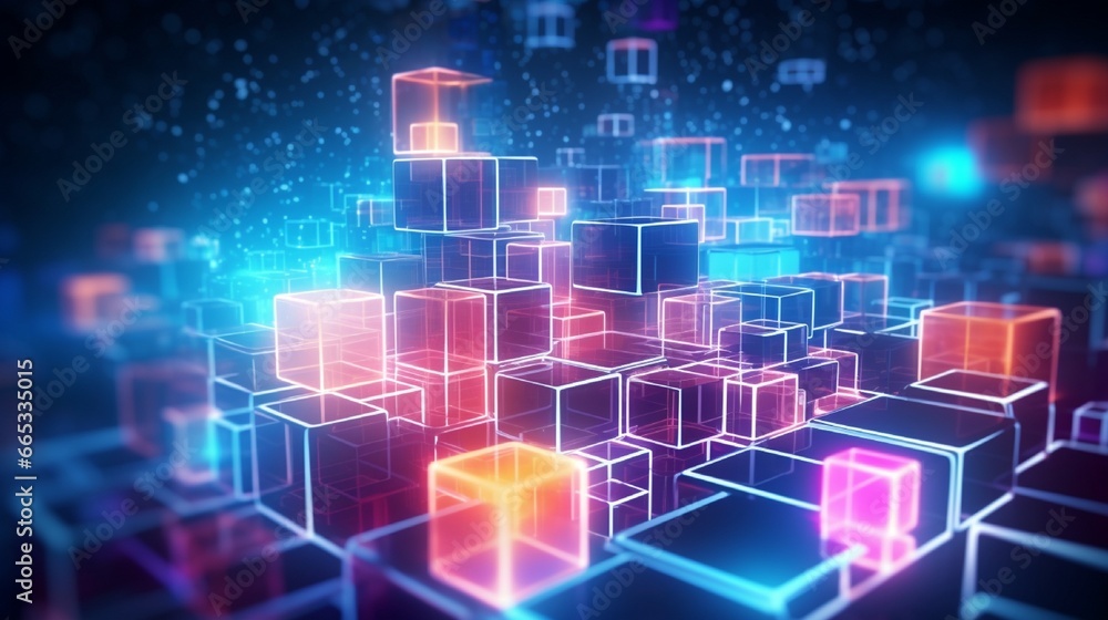 Neon cubes, a 3D abstract background, and generative AI