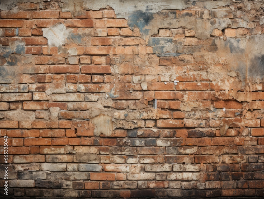 A worn-out brick wall with evident signs of wear and patches of old plaster. Some bricks have chipped corners, and there are occasional elements like metal and patches of paint. A worn-out brick wall with evident signs of wear and patches of old plaster. Some bricks have chipped corners, and there are occasional elements like metal and patches of paint.