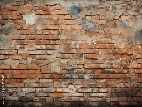 A worn-out brick wall with evident signs of wear and patches of old plaster. Some bricks have chipped corners, and there are occasional elements like metal and patches of paint.