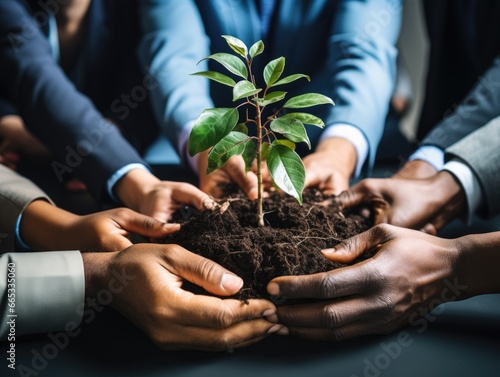 A group of diverse hands collaboratively holding a young plant growing from a mound of soil, symbolizing teamwork and growth. photo