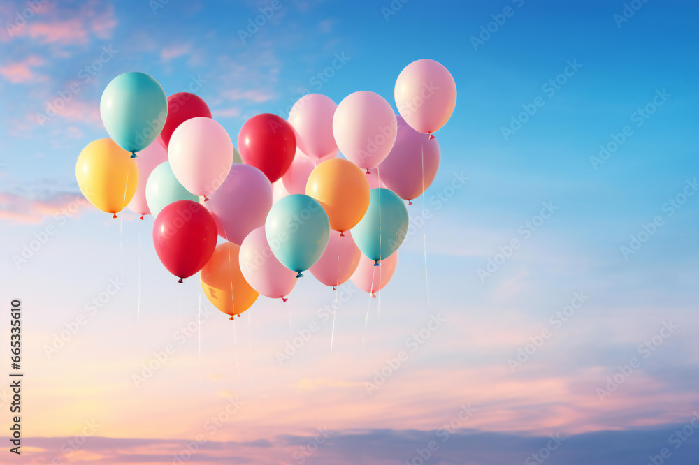 Multicolored balloons in the sky, the concept of happy birthday in summer, and the wedding honeymoon party minimalist compositions and copy space
