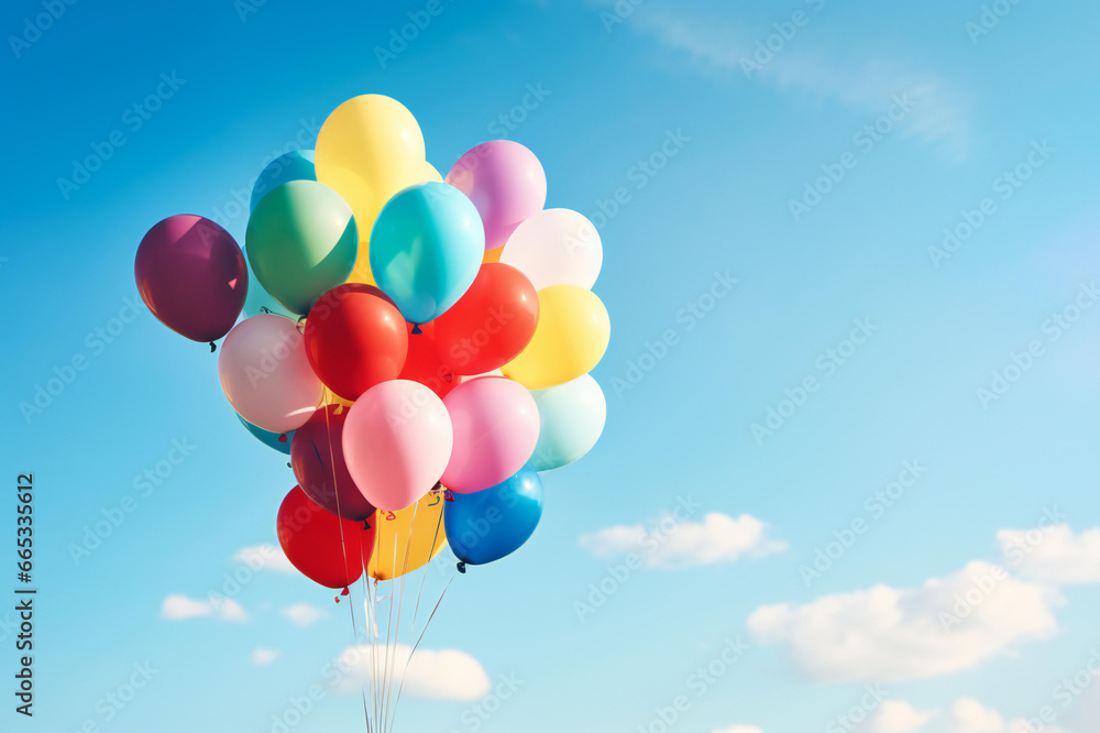 Multicolored balloons in the blue sky, the concept of happy birthday in summer, and wedding honeymoon party Multicolored balloons in the blue sky, the concept of happy birthday in summer, and wedding honeymoon party