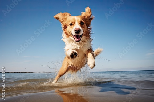 Dog jumping into the water on the beach