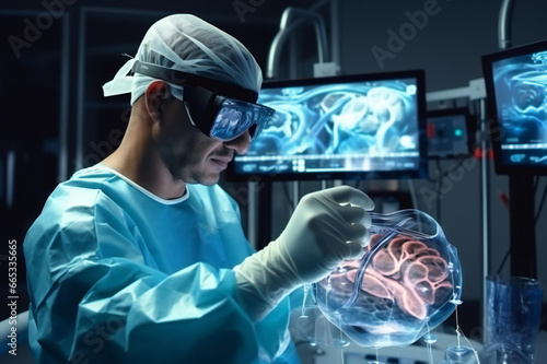 A surgeon Wearing Augmented Reality Glasses looks at a huge augmented reality representation of a huge human brain and performs brain Surgery with an Animated 3D Brain Model. illustration photo