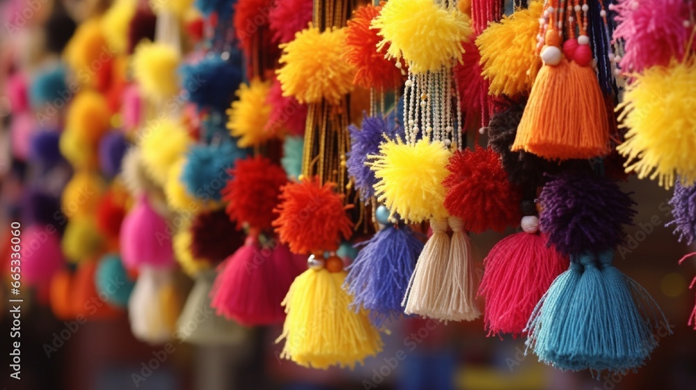 Pom-pom strands of various colors hang from a market stand in Chiapas, Mexico. 