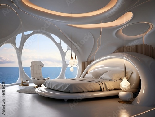 Futuristic modern luxury bedroom with very modern furniture generative ai © tanjidvect