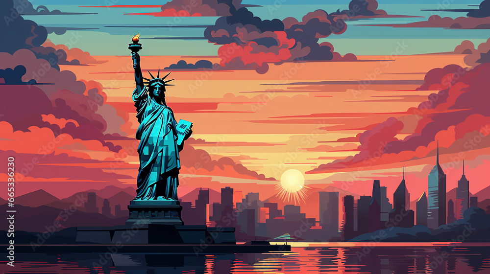 Beautiful scenic view of statue of liberty during sunrise or sunset. Colorful pop art illustration. - obrazy, fototapety, plakaty 