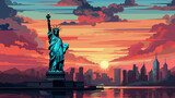 Beautiful scenic view of statue of liberty during sunrise or sunset. Colorful pop art illustration.