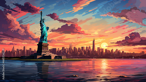 Beautiful scenic view of statue of liberty during sunrise or sunset. Colorful pop art illustration.
