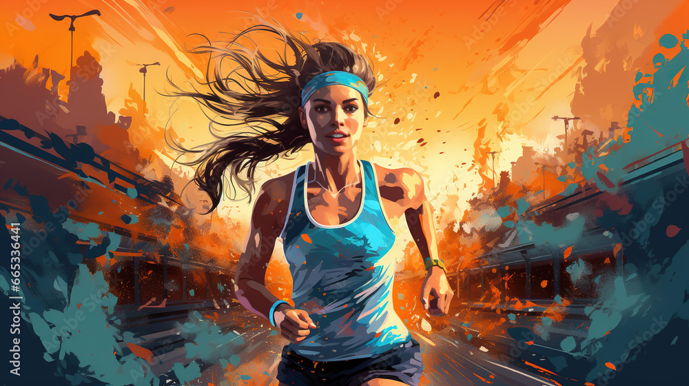 Illustration of female runner in mixed grunge colors style. Illustration of female runner in mixed grunge colors style.