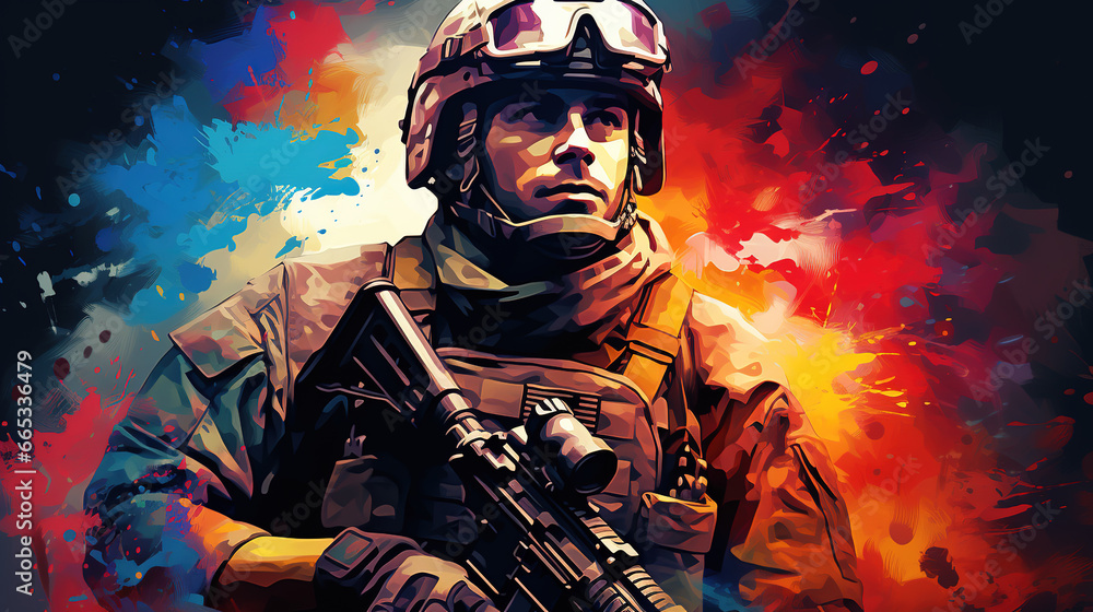 Illustration of soldier in mixed grunge colors style.