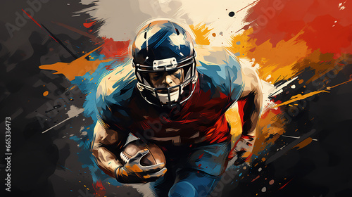 Illustration of american football player in mixed grunge colors style.