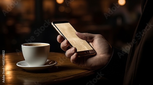 Una persona revisando su smartphone mientras se toma un café photo