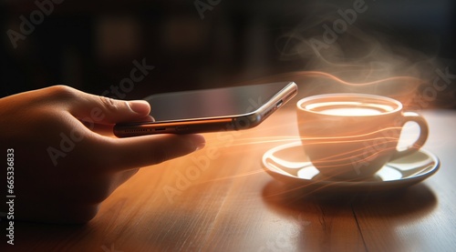 Una persona mirando su teléfono móvil mientras se toma un café humeante photo