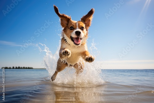 Dog jumping into the water on the beach photo