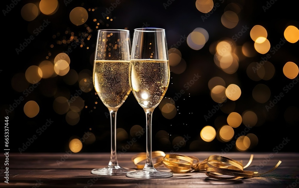 Two glasses of champagne on the wooden surface with warm gold bokeh at the background, New Years Eve party concept. Copy space at the right. AI Generative Two glasses of champagne on the wooden surface with warm gold bokeh at the background, New Years Eve party concept. Copy space at the right. AI Generative
