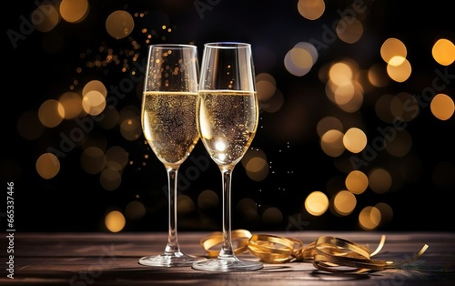 Two glasses of champagne on the wooden surface with warm gold bokeh at the background, New Years Eve party concept. Copy space at the right. AI Generative