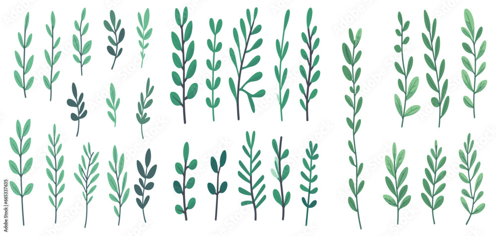 Cartoon Twigs with Green Leaves on Transparent Background, Flat Vector Illustration