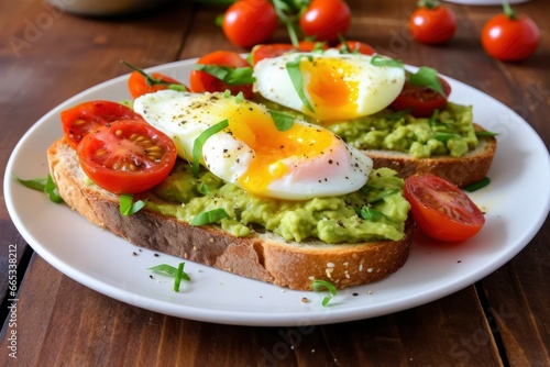 Avocado toast with eggs and roasted tomatoes.