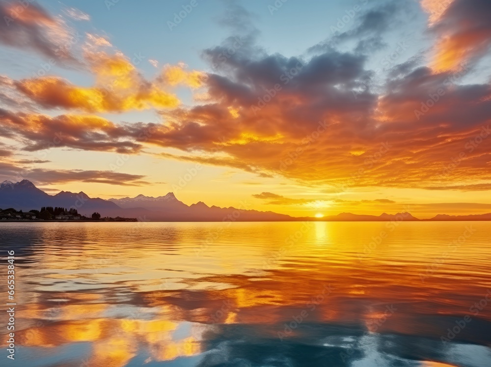 Bright sunset over Lake golden clouds reflect in the water. Bright sunset over Lake golden clouds reflect in the water.