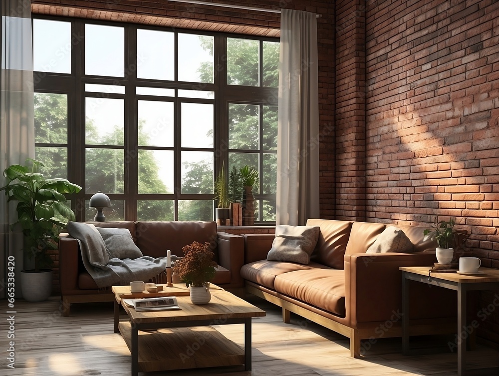 3D model of modern brick walls living room with couches and large windows generative ai