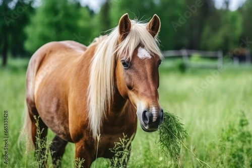 Brown horse with blond hair eats grass on a green meadow detail from the head. © Khalada