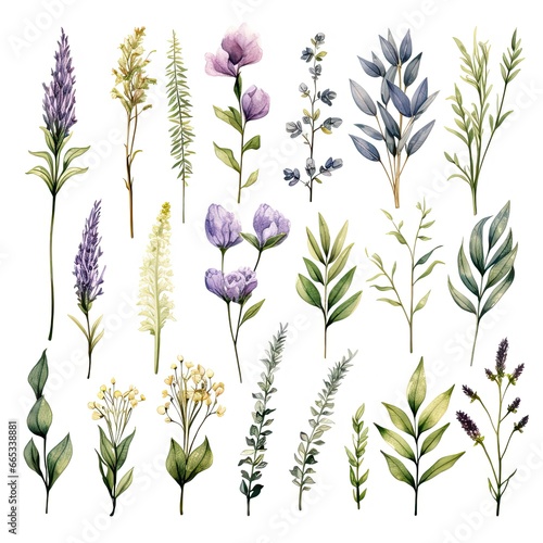 Collection of watercolor herbs clipart on white background.