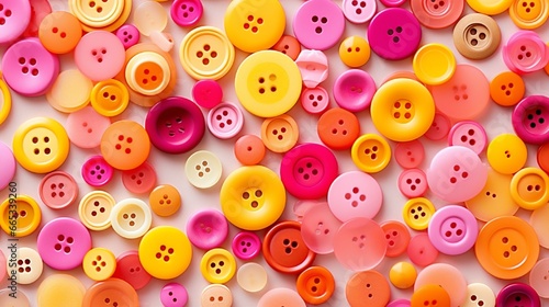 The close-up picture shows a variety of buttons in different sizes and shapes, all artistically arranged on a spotless white background and sporting hues of vibrant orange, cheery pink, 