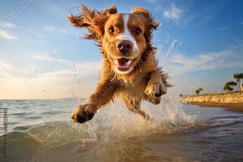 Dog jumping into the water on the beach