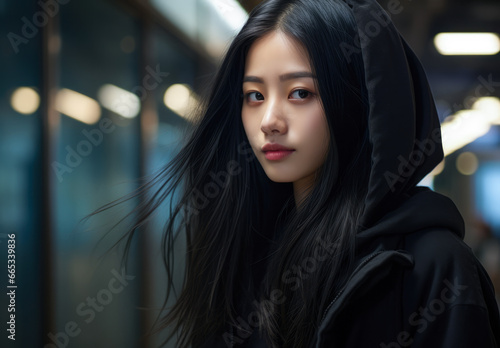 Young Asian woman portrait in black © JuanM