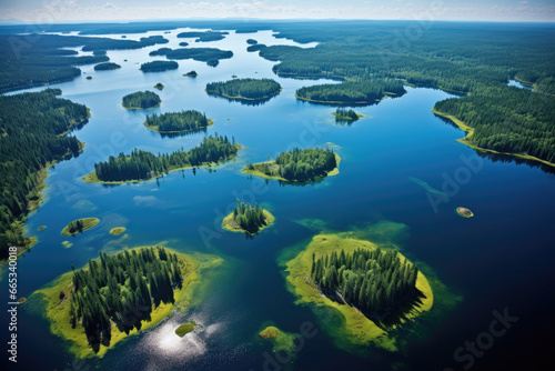 Top view of a big lake with small green islands
